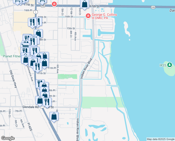 map of restaurants, bars, coffee shops, grocery stores, and more near 1105 Normandie Way in Vero Beach