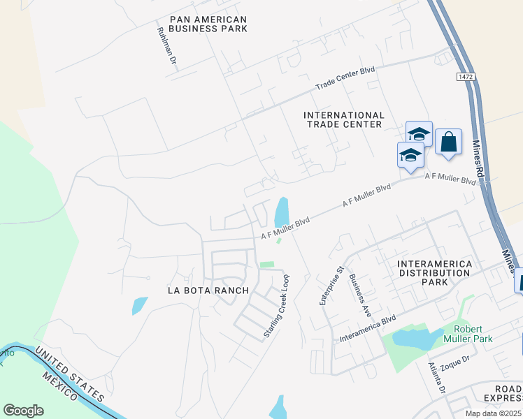 map of restaurants, bars, coffee shops, grocery stores, and more near 416 Goldeneye Court in Laredo