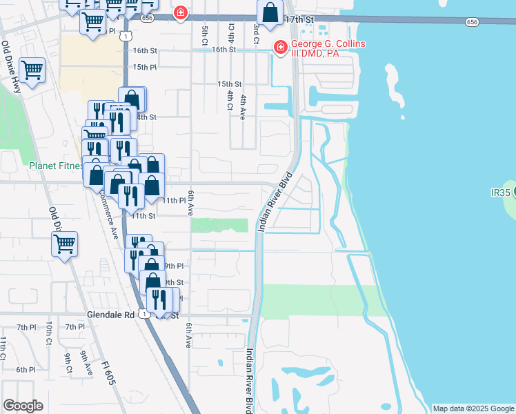 map of restaurants, bars, coffee shops, grocery stores, and more near 1115 3rd Avenue in Vero Beach