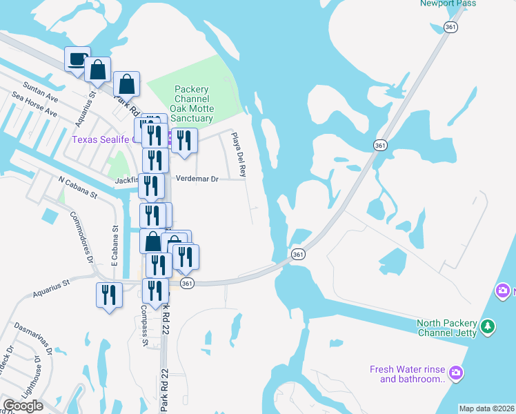 map of restaurants, bars, coffee shops, grocery stores, and more near 14314 Playa Del Rey in Corpus Christi