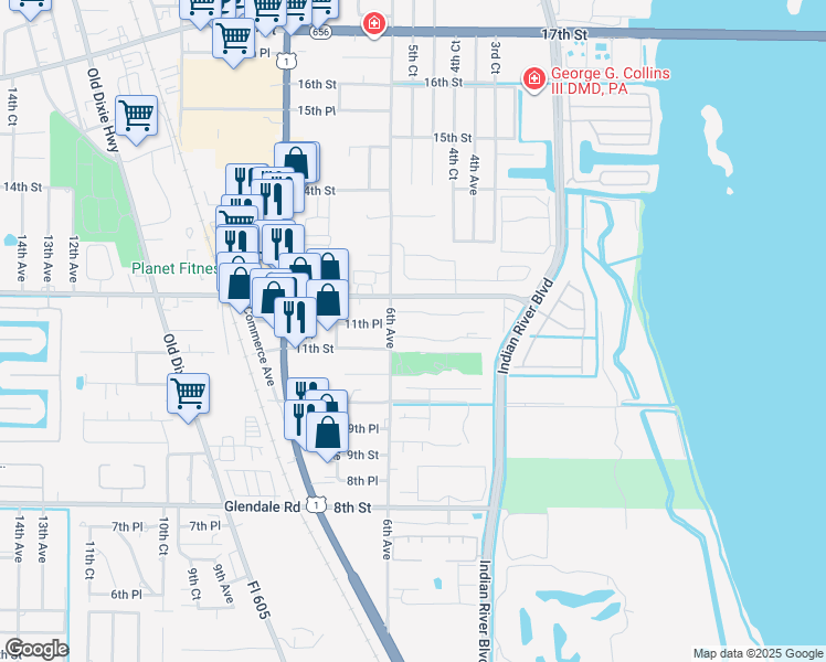 map of restaurants, bars, coffee shops, grocery stores, and more near 1170 6th Avenue in Vero Beach