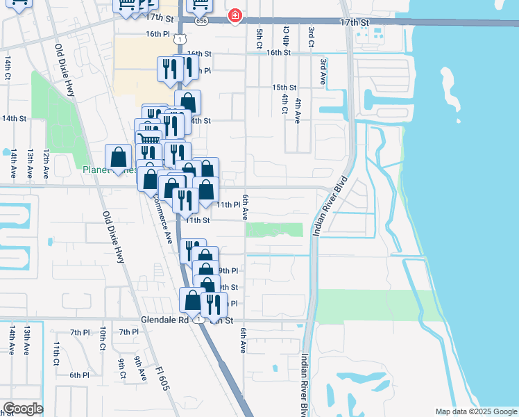 map of restaurants, bars, coffee shops, grocery stores, and more near 1170 6th Avenue in Vero Beach