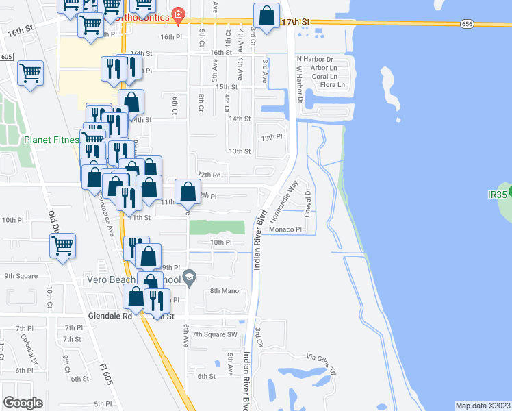 map of restaurants, bars, coffee shops, grocery stores, and more near 1135 3rd Avenue in Vero Beach