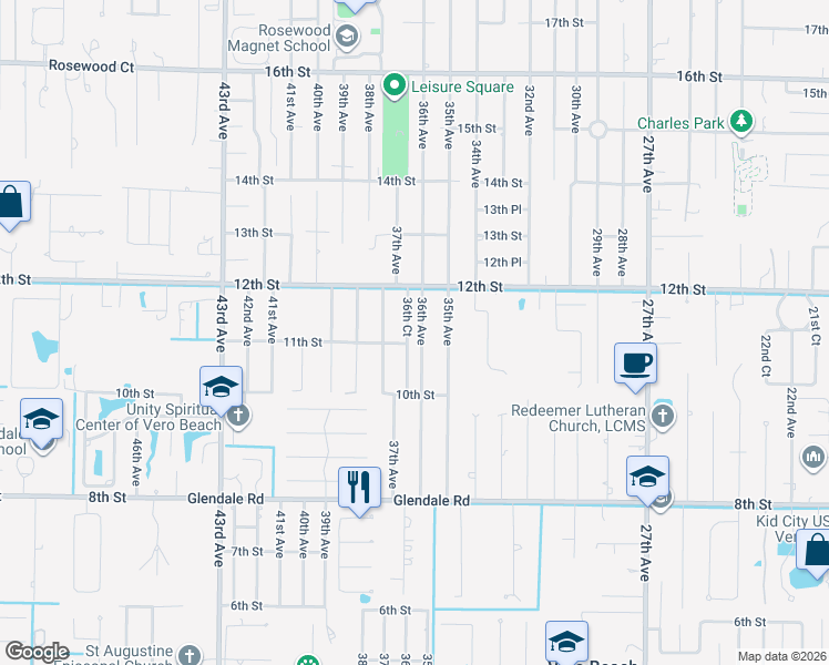 map of restaurants, bars, coffee shops, grocery stores, and more near 1126 36th Avenue in Vero Beach