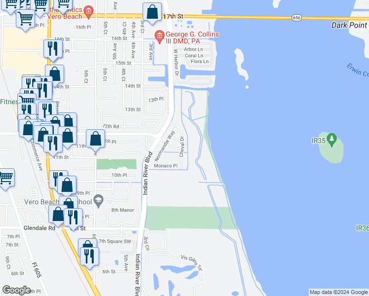 map of restaurants, bars, coffee shops, grocery stores, and more near 1152 Cheval Drive in Vero Beach