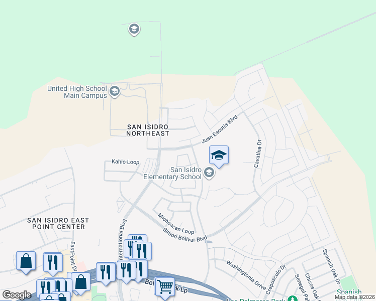 map of restaurants, bars, coffee shops, grocery stores, and more near 1210 Coahuila Loop in Laredo