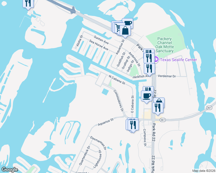 map of restaurants, bars, coffee shops, grocery stores, and more near 14513 Swordfish Street in Corpus Christi