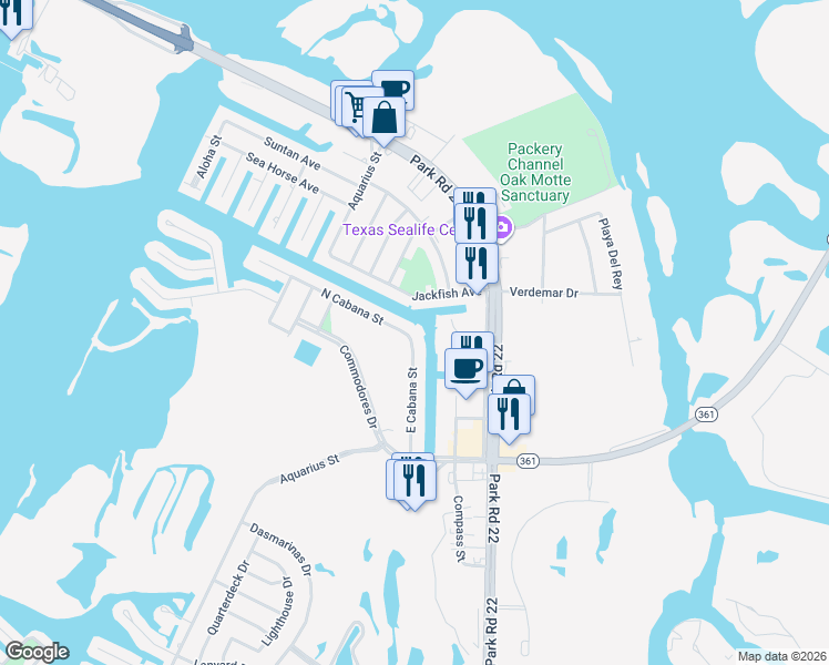 map of restaurants, bars, coffee shops, grocery stores, and more near 14130 North Cabana Street in Corpus Christi