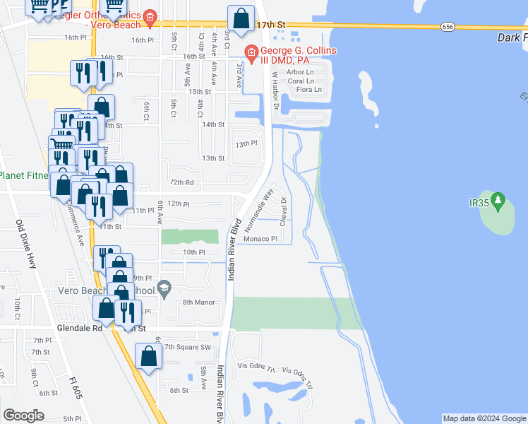 map of restaurants, bars, coffee shops, grocery stores, and more near 319 Provence Place in Vero Beach