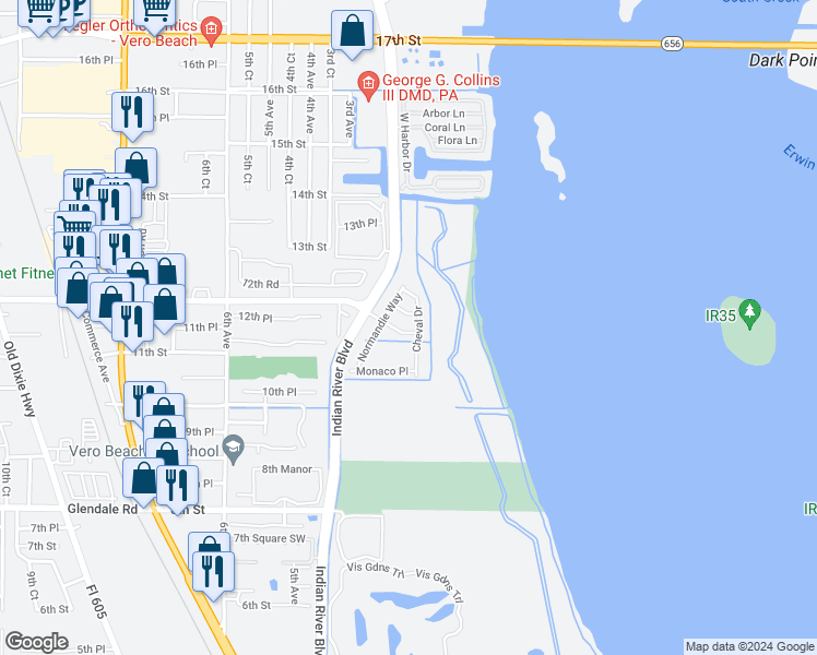 map of restaurants, bars, coffee shops, grocery stores, and more near 250 Provence Place in Vero Beach