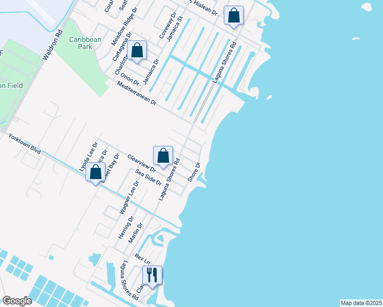 map of restaurants, bars, coffee shops, grocery stores, and more near 117 Courtland Drive in Corpus Christi