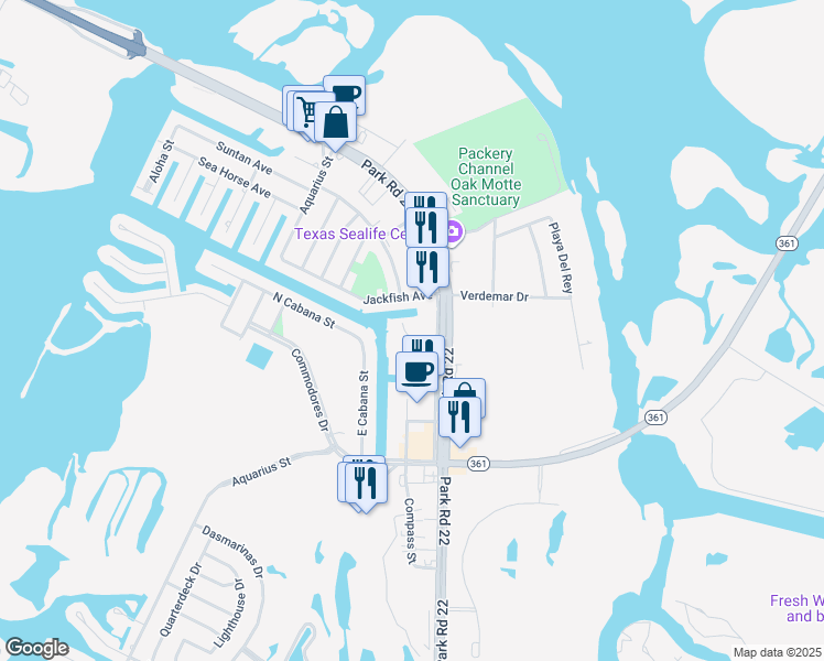 map of restaurants, bars, coffee shops, grocery stores, and more near 14300 South Padre Island Drive in Corpus Christi