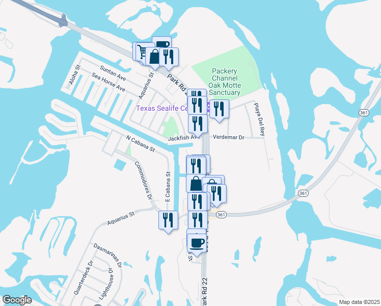 map of restaurants, bars, coffee shops, grocery stores, and more near 14300 South Padre Island Drive in Corpus Christi