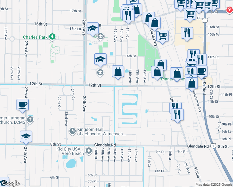 map of restaurants, bars, coffee shops, grocery stores, and more near 1129 West 13th Square in Vero Beach