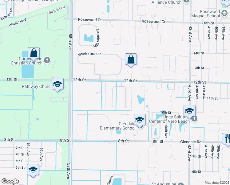 map of restaurants, bars, coffee shops, grocery stores, and more near 1100 Camelot Way in Vero Beach