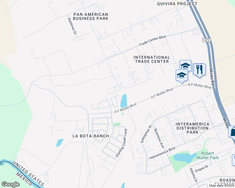 map of restaurants, bars, coffee shops, grocery stores, and more near 416 Goldeneye Court in Laredo