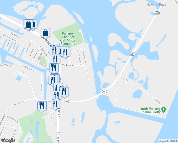 map of restaurants, bars, coffee shops, grocery stores, and more near 14314 Playa Del Rey in Corpus Christi