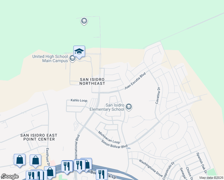map of restaurants, bars, coffee shops, grocery stores, and more near 1210 Coahuila Loop in Laredo
