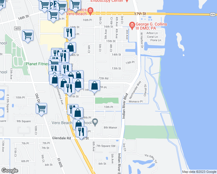 map of restaurants, bars, coffee shops, grocery stores, and more near 20 12th Street in Vero Beach