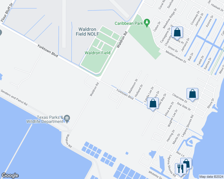 map of restaurants, bars, coffee shops, grocery stores, and more near 557 Yorktown Boulevard in Corpus Christi
