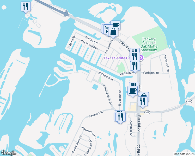 map of restaurants, bars, coffee shops, grocery stores, and more near 14513 Swordfish Street in Corpus Christi