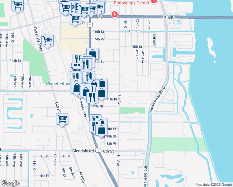 map of restaurants, bars, coffee shops, grocery stores, and more near 1170 6th Avenue in Vero Beach
