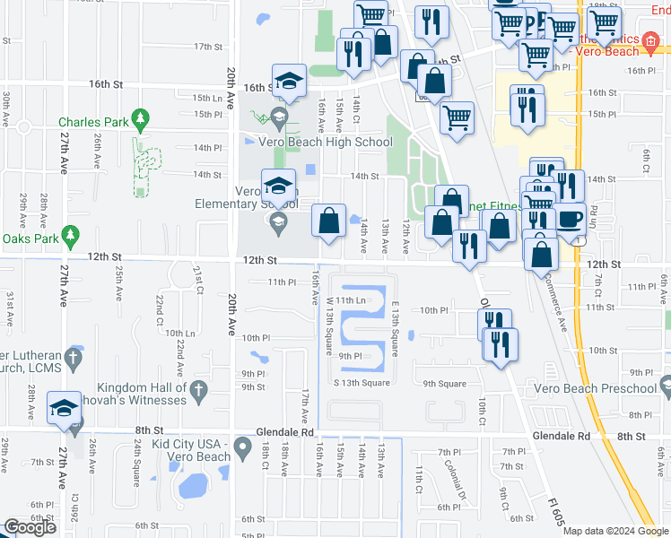 map of restaurants, bars, coffee shops, grocery stores, and more near 1141 North 13th Square in Vero Beach