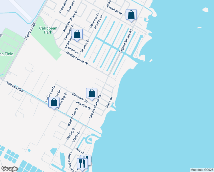 map of restaurants, bars, coffee shops, grocery stores, and more near 117 Courtland Drive in Corpus Christi