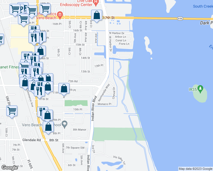 map of restaurants, bars, coffee shops, grocery stores, and more near 1189 Normandie Way in Vero Beach