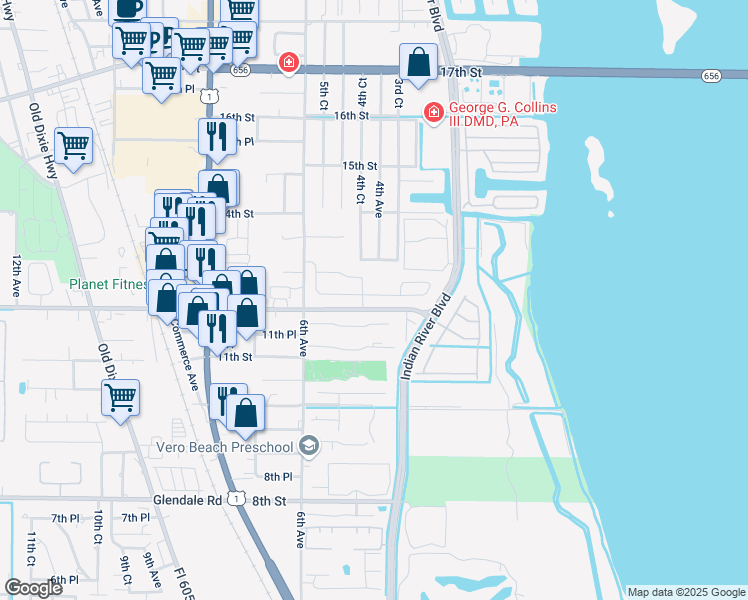 map of restaurants, bars, coffee shops, grocery stores, and more near 455 12th Road in Vero Beach