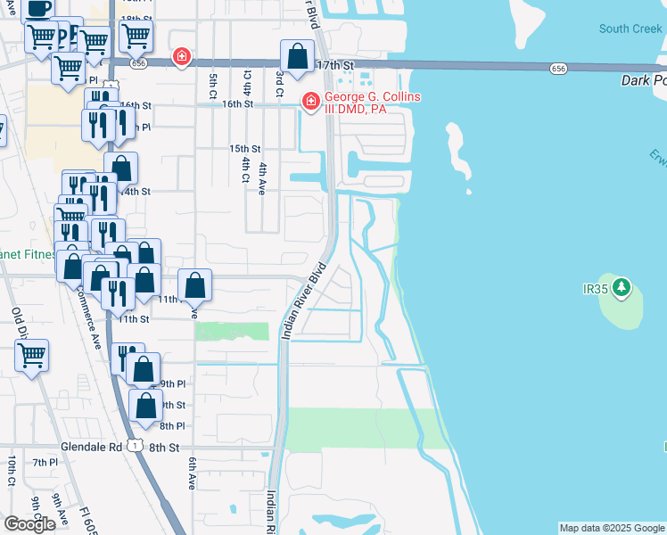 map of restaurants, bars, coffee shops, grocery stores, and more near 1217 Normandie Way in Vero Beach