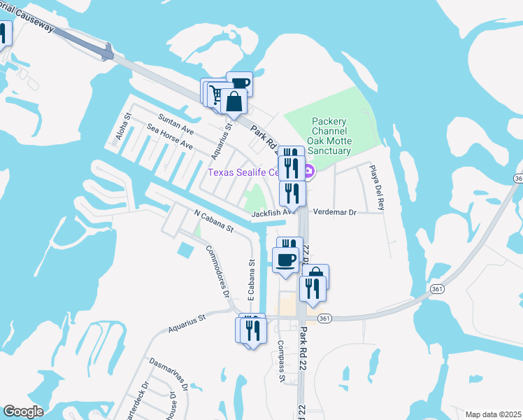 map of restaurants, bars, coffee shops, grocery stores, and more near 14214 Jackfish Avenue in Corpus Christi