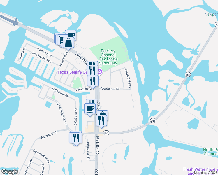 map of restaurants, bars, coffee shops, grocery stores, and more near 14422 Verdemar Drive in Corpus Christi