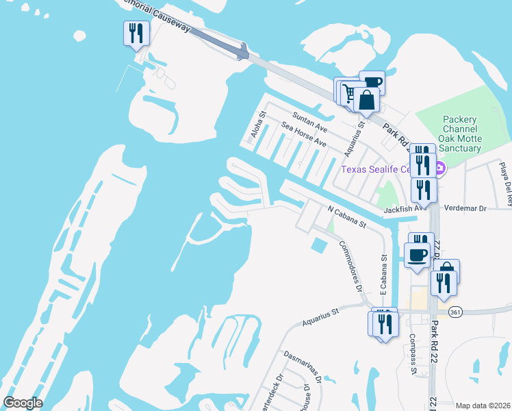 map of restaurants, bars, coffee shops, grocery stores, and more near 13814 Primavera Drive in Corpus Christi