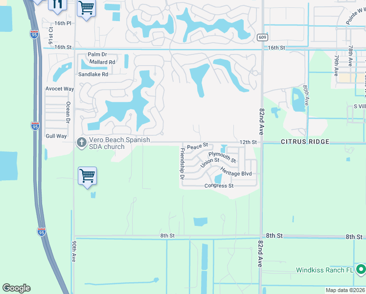 map of restaurants, bars, coffee shops, grocery stores, and more near 1001 Peace Street in Vero Beach