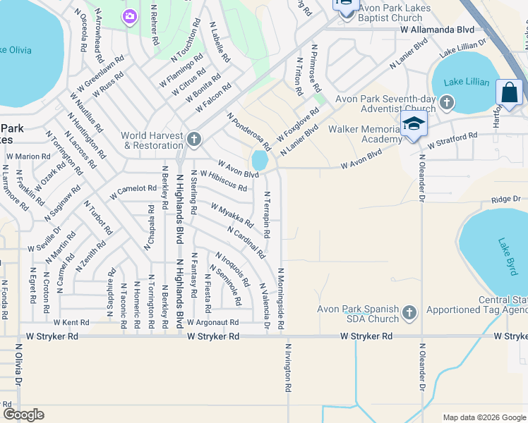 map of restaurants, bars, coffee shops, grocery stores, and more near 2088 N Zephyr Rd in Avon Park