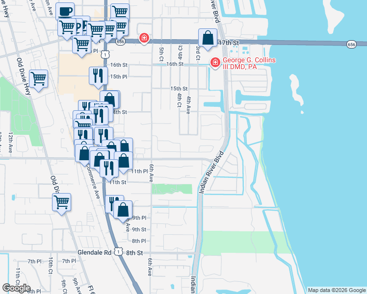 map of restaurants, bars, coffee shops, grocery stores, and more near 455 12th Road in Vero Beach