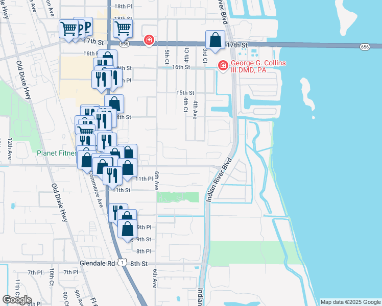 map of restaurants, bars, coffee shops, grocery stores, and more near 455 12th Road in Vero Beach