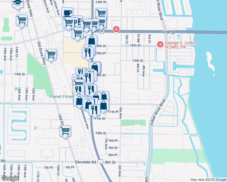 map of restaurants, bars, coffee shops, grocery stores, and more near 1295 6th Avenue in Vero Beach