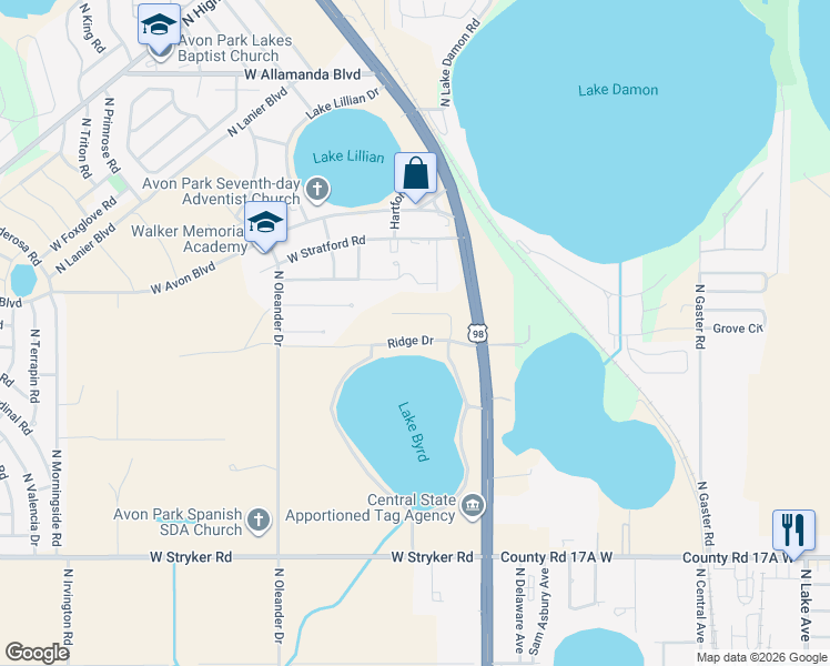 map of restaurants, bars, coffee shops, grocery stores, and more near West Bethany Circle in Avon Park