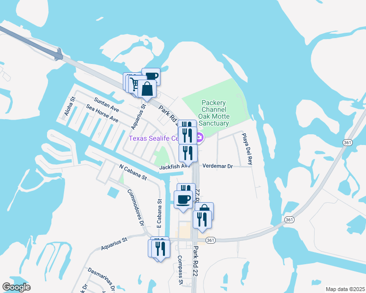 map of restaurants, bars, coffee shops, grocery stores, and more near 14225 South Padre Island Drive in Corpus Christi