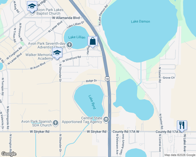 map of restaurants, bars, coffee shops, grocery stores, and more near West Bethany Circle in Avon Park
