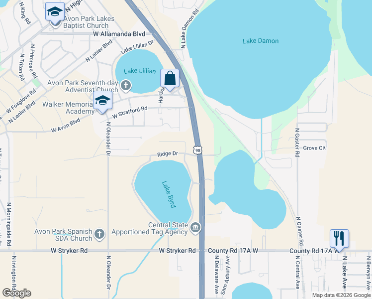 map of restaurants, bars, coffee shops, grocery stores, and more near West Bethany Circle in Avon Park