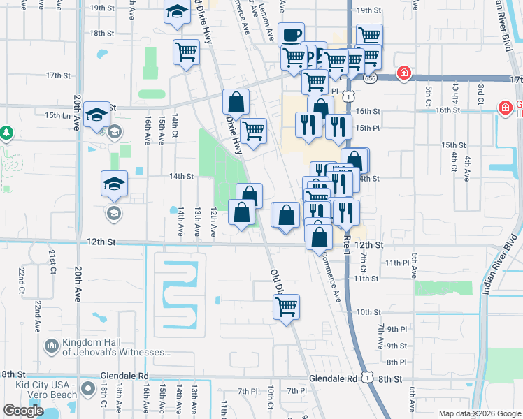 map of restaurants, bars, coffee shops, grocery stores, and more near 1152 13th Street in Vero Beach