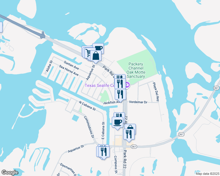 map of restaurants, bars, coffee shops, grocery stores, and more near 14206 Ambrosia Street in Corpus Christi