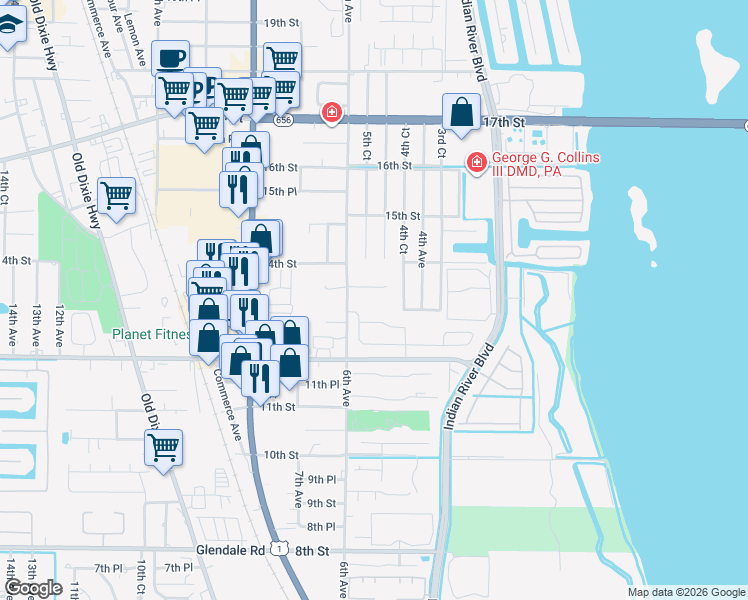 map of restaurants, bars, coffee shops, grocery stores, and more near 526 13th Place in Vero Beach