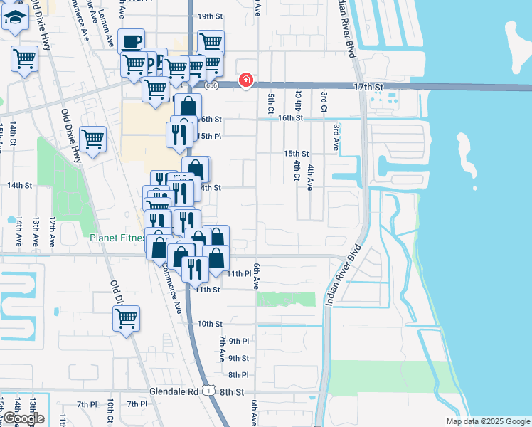 map of restaurants, bars, coffee shops, grocery stores, and more near 585 13th Place in Vero Beach