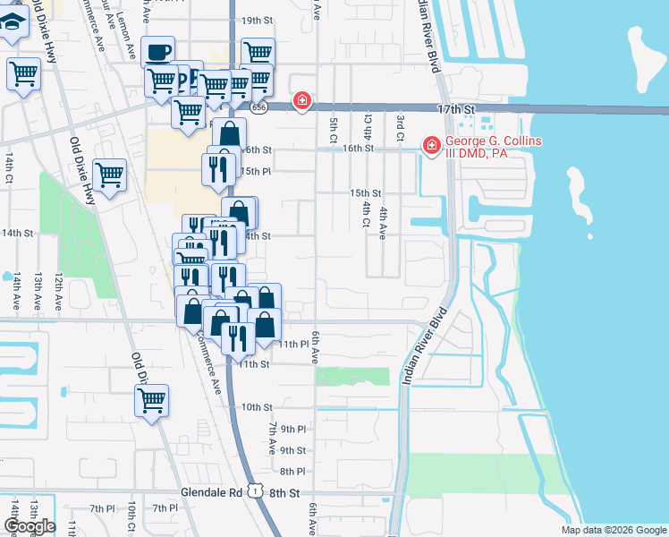 map of restaurants, bars, coffee shops, grocery stores, and more near 585 13th Place in Vero Beach