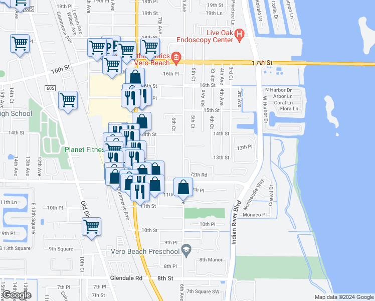 map of restaurants, bars, coffee shops, grocery stores, and more near 595 13th Place in Vero Beach