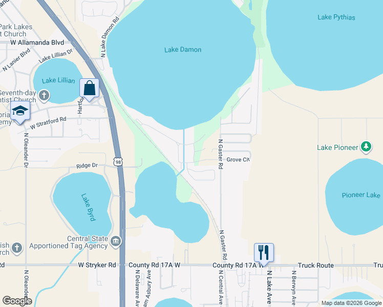 map of restaurants, bars, coffee shops, grocery stores, and more near Grove Circle in Avon Park